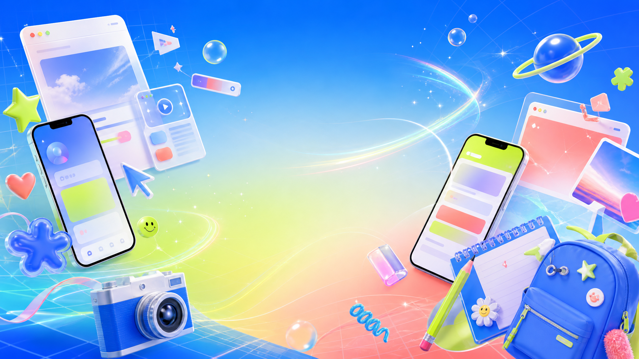 スマホ画面やノートが並ぶカラフルなWeb制作コラージュ